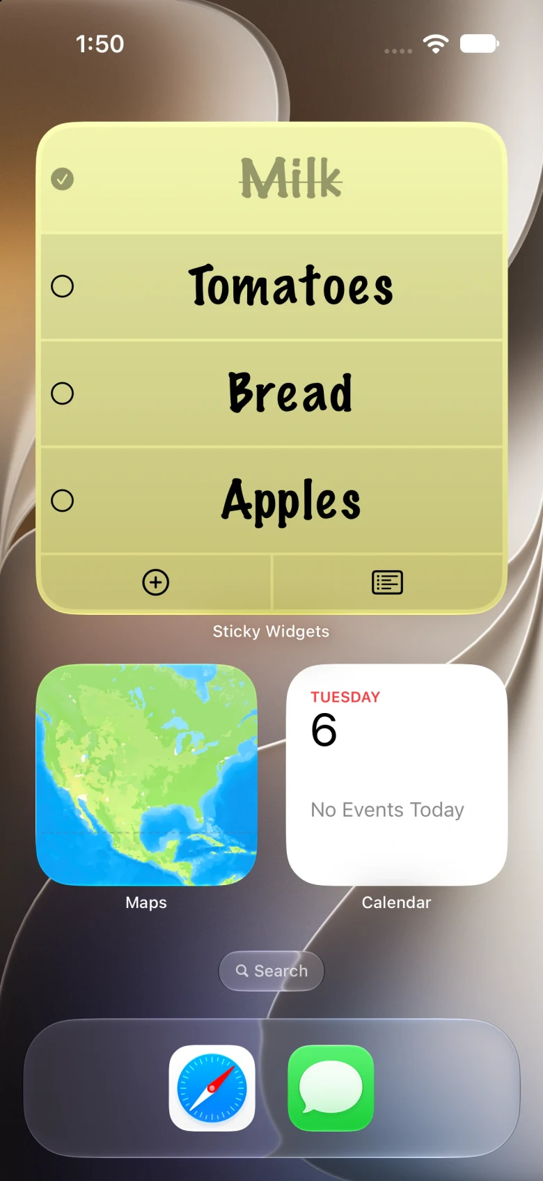 Sticky Widgets 5.3.1 grocery checklist on an iPhone Home Screen, with Milk checked off and Tomatoes, Bread, and Apples remaining.