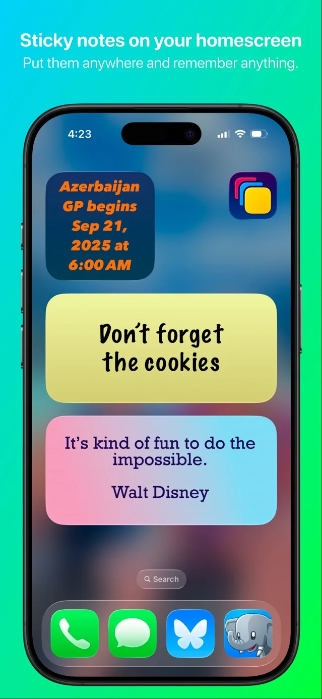 Published App Store screenshot showing several Sticky Widgets notes on an iPhone Home Screen.