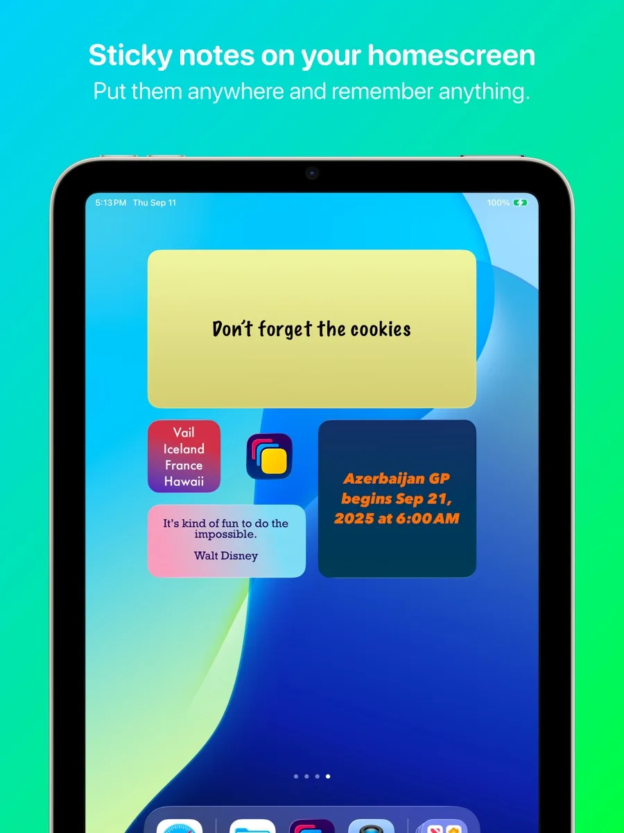 Published App Store screenshot showing several sticky note widgets on an iPad Home Screen.