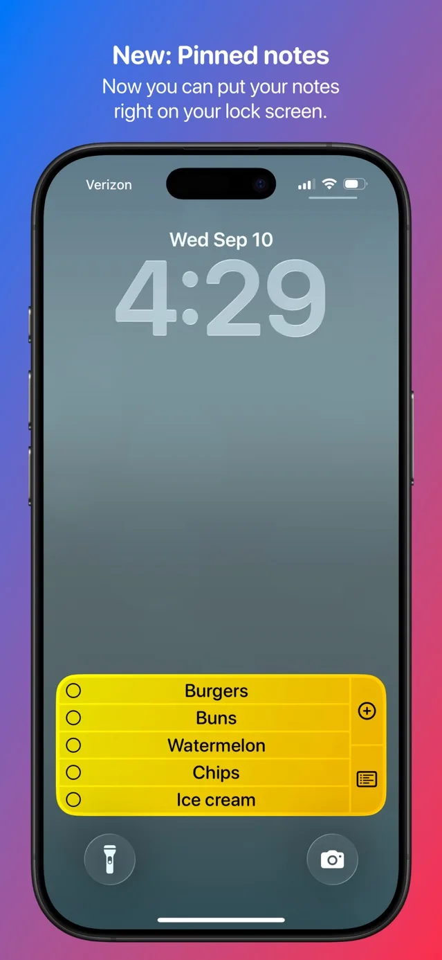 Published App Store screenshot showing a grocery checklist pinned as a Sticky Widgets Live Activity on an iPhone Lock Screen.