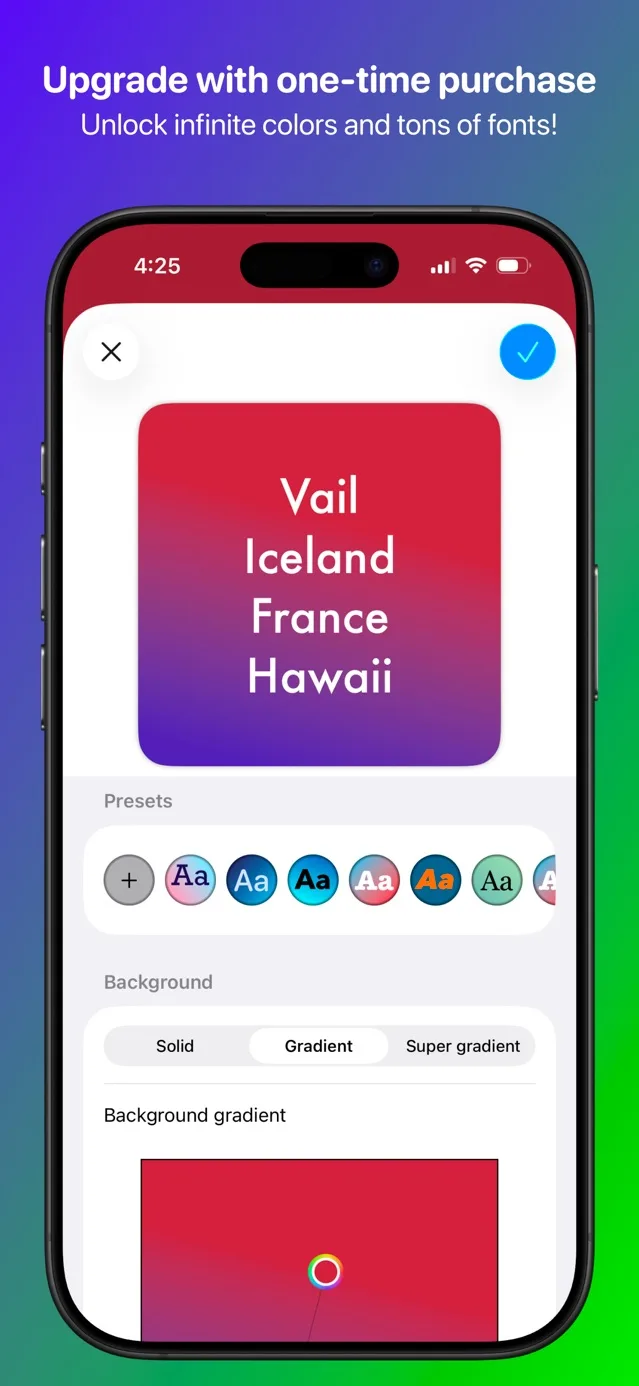 Published App Store screenshot showing Sticky Widgets gradient and preset customization.